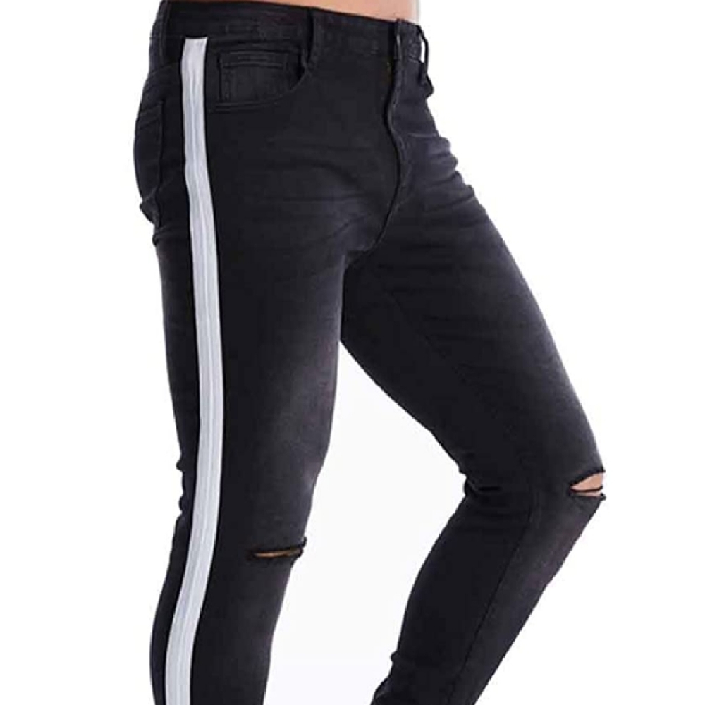 Mens Skinny Slim Black Jeans w White Stripe - Picture 5 of 9
